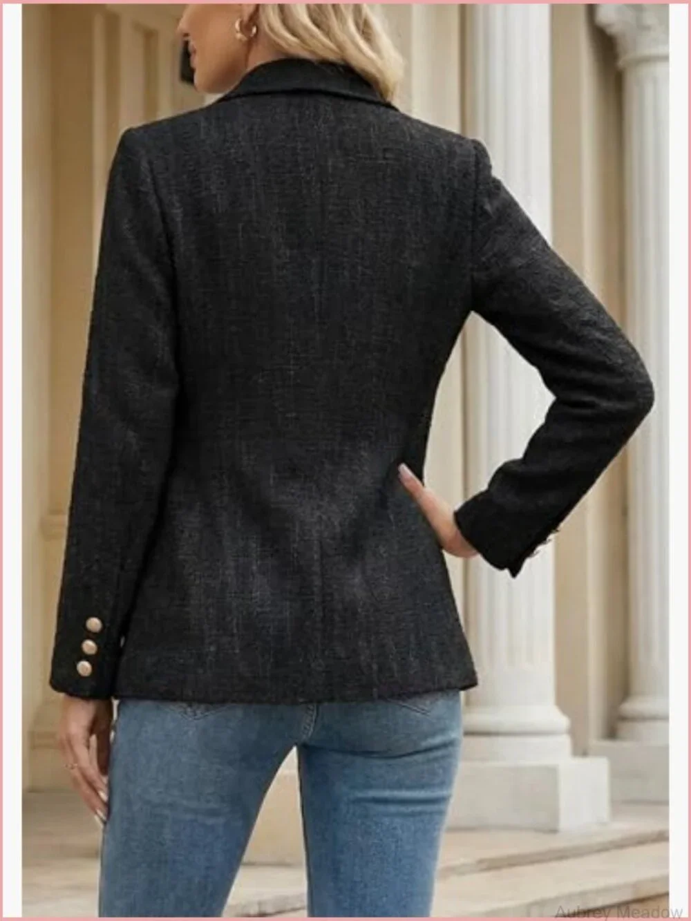 Double Breasted Tweed Blazer with Pockets Long Sleeve Office Jacket